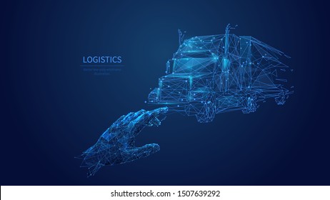 Logistics low poly art illustration. 3d polygonal hand touching truck. Cargo transportation service concept with connected dots and lines. Freight distribution vector color wireframe mesh