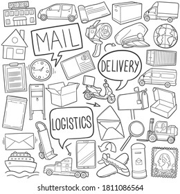 Juego de iconos de doodle Logística y Correo. Transports Vector, colección de ilustraciones. Estilo de arte de línea dibujada por mano del servicio de entrega