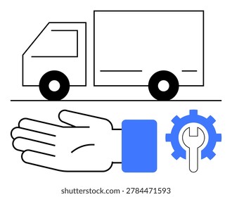 Logistics, maintenance, delivery, transportation, services, vehicle repair. Outline of a truck, hand and a gear icon with a wrench. Logistics and vehicle repair concepts