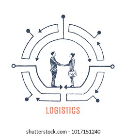 Logistics. Man and woman shake hands and are happy to cooperate effectively. Vector business concept illustration, hand drawn sketch.