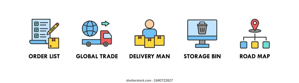 Logistics Management banner web icon illustration concept with icon of order list, global trade, delivery man, storage bin, and road map