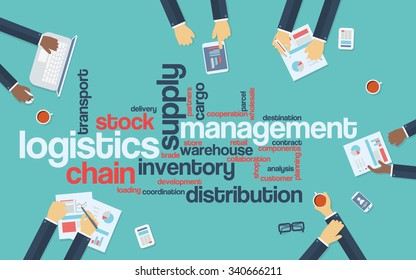 Logistics management business vector background with wordcloud and businessmen on a meeting. Eps10 vector illustration.