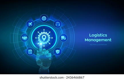 Concepto de gestión logística. Logística y transporte inteligentes. Distribución logística de la red global. Negocio de transporte industrial. Alambre de la mano que toca la interfaz digital. Ilustración de vector