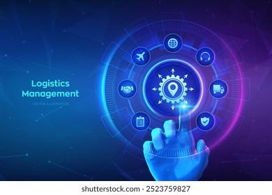 Concepto de gestión logística. Logística y transporte inteligentes. Distribución de red global logística. Empresa de transporte industrial. Mano tocando la interfaz digital. Ilustración vectorial