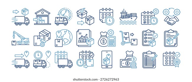 Colección de iconos de gestión logística. Diseño que contiene Entrega, Cumplimiento, Transfronterizo, Paquete, ETA