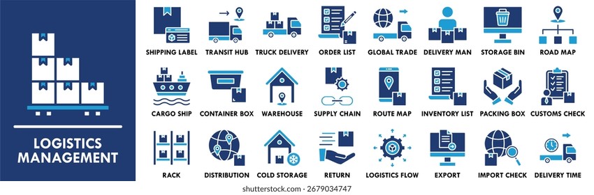 Logistics Management icon collection set. Containing design delivery, business, industry, warehouse, distribution, cargo