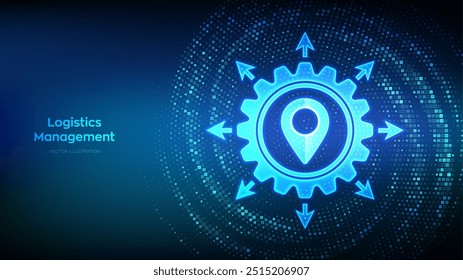 Ícone de gerenciamento de logística feito com código binário. Logística e transporte inteligentes. Distribuição de rede global logística. Fundo do código digital com dígitos 1.0. Ilustração de vetor.