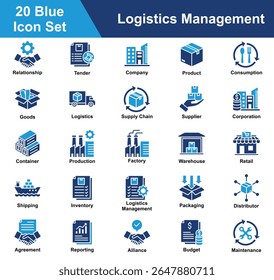 Logistics Management Icon Set Collection. Containing Relationship, Tender, Company, Product, Consumption, Goods, Logistics, Supply Chain, Supplier, Corporation. Simple Blue Vector Illustration.
