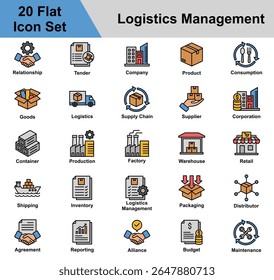 Logistics Management Icon Set Collection. Containing Relationship, Tender, Company, Product, Consumption, Goods, Logistics, Supply Chain, Supplier, Corporation. Simple Flat Vector Illustration.