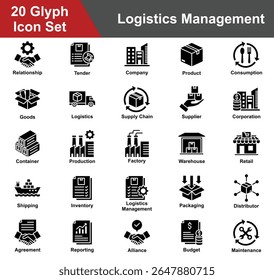 Logistics Management Icon Set Collection. Containing Relationship, Tender, Company, Product, Consumption, Goods, Logistics, Supply Chain, Supplier, Corporation. Simple Glyph Vector Illustration.