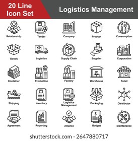 Logistics Management Icon Set Collection. Containing Relationship, Tender, Company, Product, Consumption, Goods, Logistics, Supply Chain, Supplier, Corporation. Simple Line Vector Illustration.