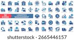 Logistics management icon set flat style collection. Containing supply chain, inventory, transportation, warehouse, distribution, optimization, planning, scheduling