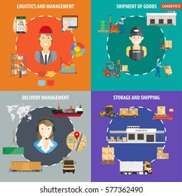 Logistics management infographics for shipment and delivery process, warehouse and delivery operation departments. Vector flat template posters design set of aircraft, train freight and ship cargo