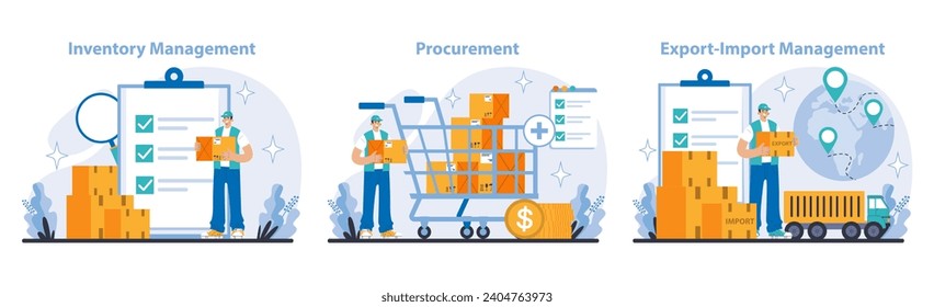 Logistics Management set. Efficient inventory control systems. Streamlined procurement processes. Coordinated export-import operations. Showcasing global trade logistics. Flat vector illustration.