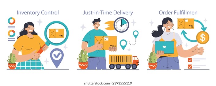 Logistics management set. Streamlined inventory control, timely just-in-time delivery, and efficient order fulfillment. Seamless supply chain operations depicted. Flat vector illustration