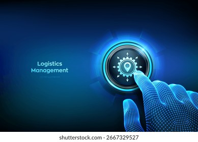 Logistikmanagement. Intelligente Logistik, Transport. Logistische globale Netzwerkverteilung. Das Geschäft der Transportindustrie. Hand über die Logistik-Management-Taste drücken. Vektorgrafik.