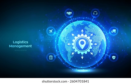 Logistics management. Smart logistics and transportation technology concept. Logistic global network distribution. Business of transport industrial. World map. Earth planet globe. Vector illustration.