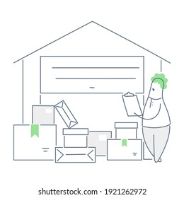 Logistics management - Storehouse icon, distribution center, packages and transportation. Flat thin line vector on white.