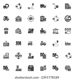 Logistics management vector icons set, modern solid symbol collection, filled style pictogram pack. Signs, logo illustration. Set includes icons as Supply chain, Cargo delivery service, Parcel box