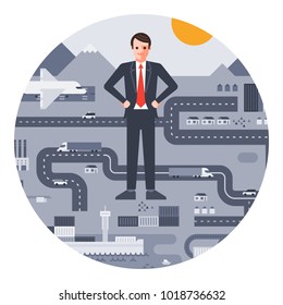 Logistics Manager Businessman Is Surrounded By Different Transport. Circle Flat Illustration.