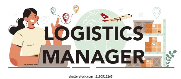 Logistics manager typographic header. Transportation and distribution, warehousing service. Loader in uniform delivering a cargo. Flat vector illustration