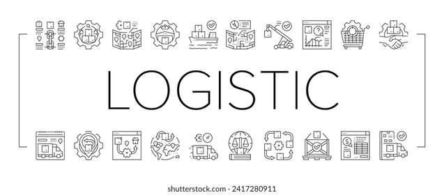 logistics manager warehouse icons set vector. business delivery, technology service, shipment transport, industry, export logistic logistics manager warehouse black line illustrations