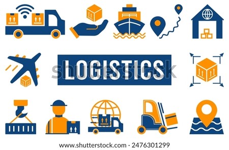 Logistics minimal solid web icon set with Smart Logistics, Water Transport, Forklift and more. Vector illustration eps10.