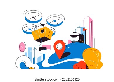 Logistics of modern delivery in a futuristic city vector illustration. Drones, self-driving vehicles. E-commerce, logistics and urban innovation.