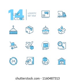 Logistics - modern thin line design icons set. High quality blue pictograms with water and air shipping, round the clock international service, package, delivery, barcode, payment by card, warehouse