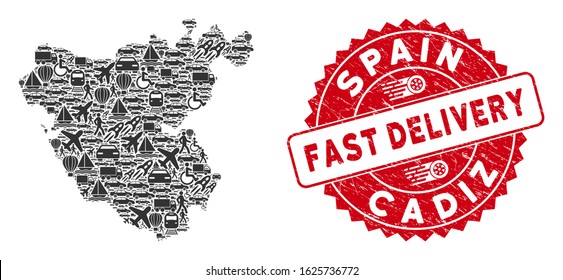 Logistics mosaic Cadiz Province map and corroded stamp seal with FAST DELIVERY words. Cadiz Province map collage composed with grey randomized shipping symbols.