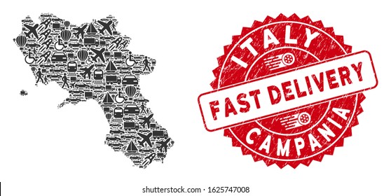 Logistics mosaic Campania region map and grunge stamp seal with FAST DELIVERY caption. Campania region map collage created with gray randomized logistics icons.