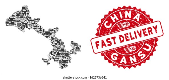 Logistics mosaic Gansu Province map and grunge stamp watermark with FAST DELIVERY badge. Gansu Province map collage formed with grey randomized delivery items.