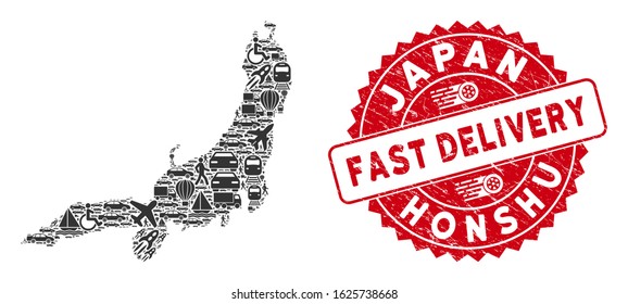 Logistics mosaic Honshu Island map and grunge stamp seal with FAST DELIVERY message. Honshu Island map collage constructed with grey random shipping elements.