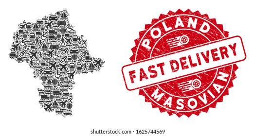 Logistics mosaic Masovian Voivodeship map and distressed stamp seal with FAST DELIVERY text. Masovian Voivodeship map collage composed with gray scattered logistics symbols.