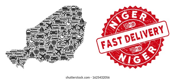 Logistics mosaic Niger map and rubber stamp seal with FAST DELIVERY message. Niger map collage designed with gray random travel elements. Red rounded FAST DELIVERY seal stamp with scratched texture.