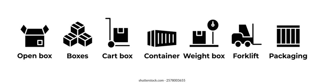 The Logistics of Moving Goods  Icons set vector illustration with Open box, Boxes, Cart box, Container, Weight box, Forklift, Packaging