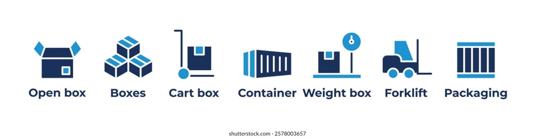 The Logistics of Moving Goods  Icons set vector illustration with Open box, Boxes, Cart box, Container, Weight box, Forklift, Packaging