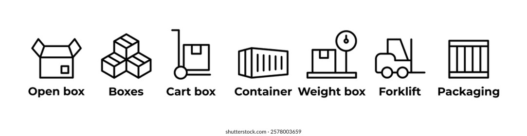 The Logistics of Moving Goods  Icons set vector illustration with Open box, Boxes, Cart box, Container, Weight box, Forklift, Packaging