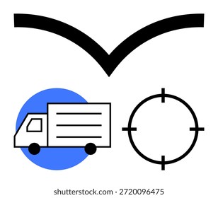 Logistics, navigation, delivery services, supply chain, shipment tracking, transportation solutions. A truck, a circular target and a navigation shape. Logistics and navigation concept
