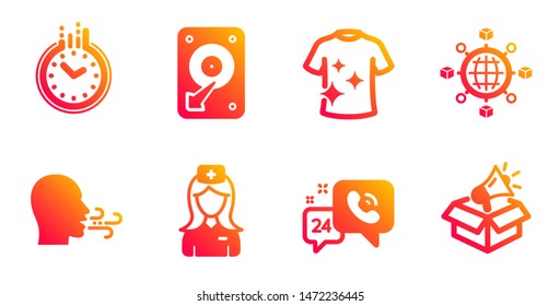 Logistics network, 24h service and Time line icons set. Breathing exercise, Hospital nurse and Hdd signs. Clean t-shirt, Megaphone box symbols. International tracking, Call support. Vector