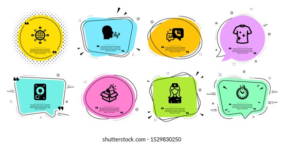 Logistics network, 24h service and Time line icons set. Chat bubbles with quotes. Breathing exercise, Hospital nurse and Hdd signs. Clean t-shirt, Megaphone box symbols. Vector