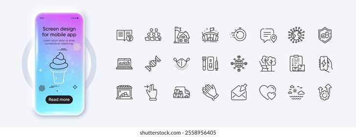Logistics network, Charging app and Inventory checklist line icons for web app. Phone mockup gradient screen. Pack of Coronavirus, Touchscreen gesture, Help pictogram icons. Vector
