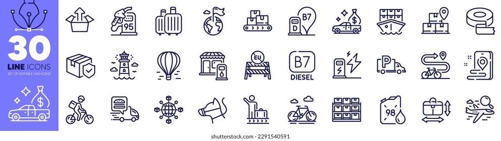 Logistics network, Charging station and Lighthouse line icons pack. Adhesive tape, Diesel station, Shipment web icon. Delivery bike, Wholesale goods, Petrol canister pictogram. Storage. Vector