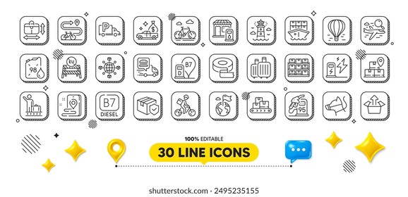 Red de logística, estación de carga y paquete de iconos de la línea del faro. Elementos de diseño 3d. Cinta adhesiva, estación diesel, icono de Web de envío. Vector