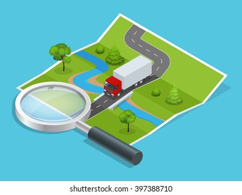Logistics network. Delivery cargo truck. Flat 3d isometric illustration. For infographics and design