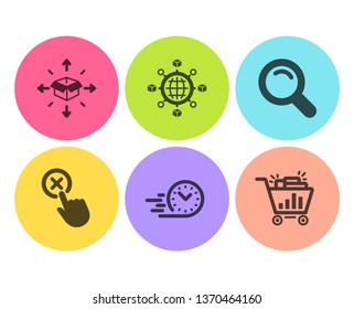 Logistics network, Fast delivery and Reject click icons simple set. Parcel delivery, Search and Seo shopping signs. International tracking, Stopwatch. Business set. Flat logistics network icon