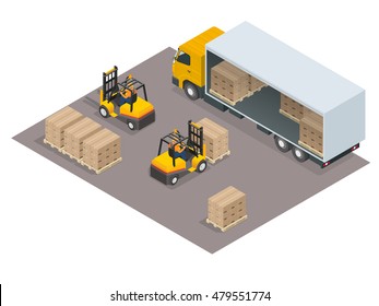 Logistics network. Isometric infographic element or icon representing box truck and forklift loading pallets with cardboard boxes. 