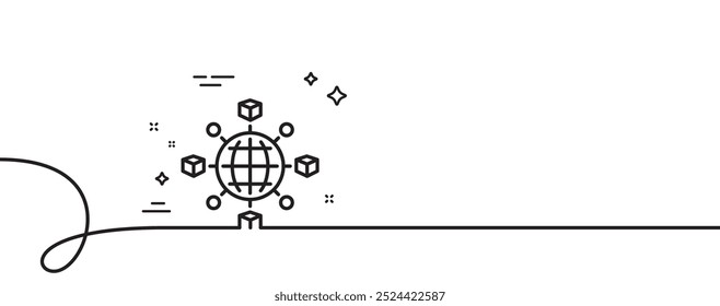 Ícone da linha de rede de logística. Uma linha contínua com curva. Sinal de rastreamento de encomendas. Símbolo de distribuição de mercadorias. Faixa de opções de estrutura de tópicos única da rede de logística. Padrão de curva de loop. Vetor