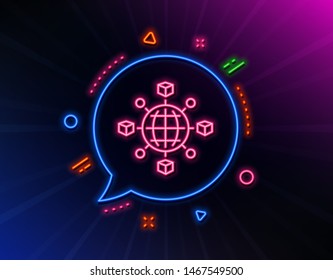 Logistics network line icon. Neon laser lights. Parcel tracking sign. Goods distribution symbol. Glow laser speech bubble. Neon lights chat bubble. Banner badge with logistics network icon. Vector