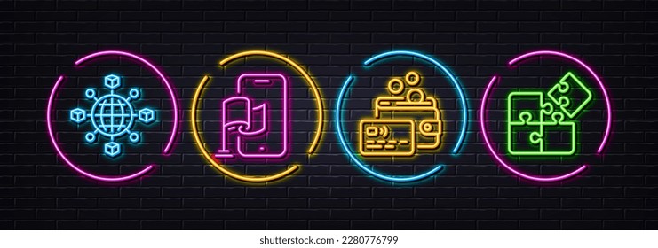 Red logística, aplicación de ubicación e iconos de línea mínima de tarjetas. Luces 3d láser neón. Iconos del rompecabezas. Para web, aplicación, impresión. Seguimiento internacional, pin de bandera, billetera de dinero. Vector